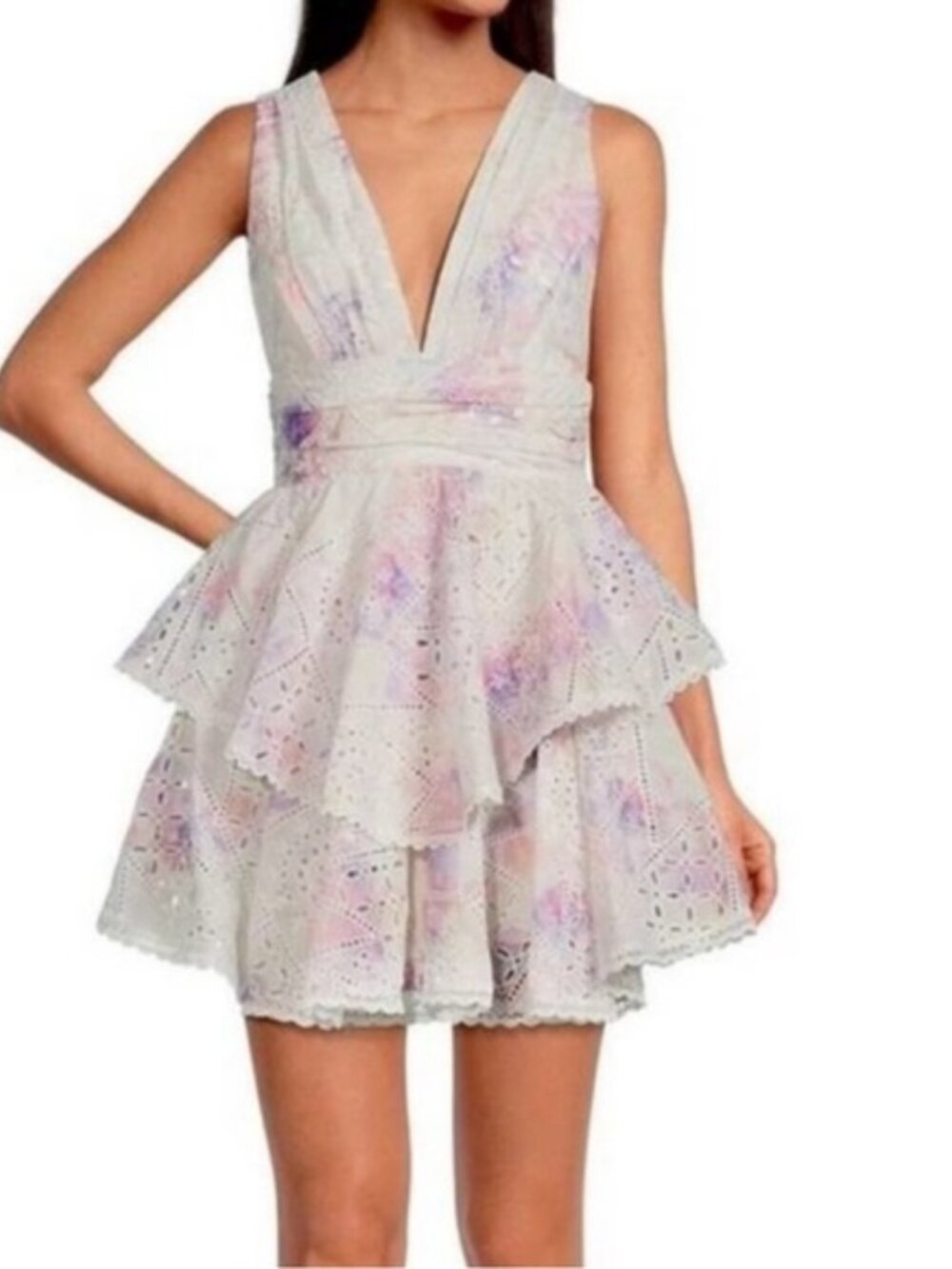 Gianni Bini Christa Watercolor Eyelet Ruffle Mini Dress | Size 8